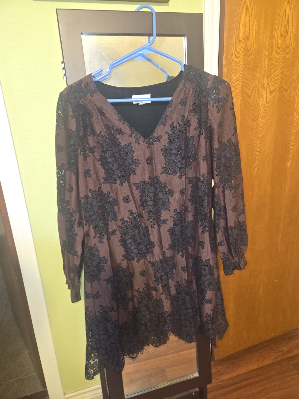 Anthropologie, The Korner Black Lace-Overlay Brown V-Neck Women’s Dress